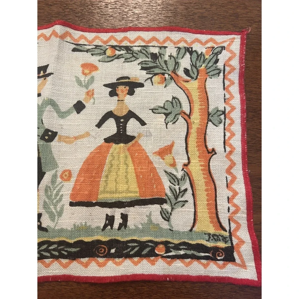 Vintage Tony Sarg Signed Linen Cocktail Napkin Couple Under Fruit Tree 8.5x 13.5
